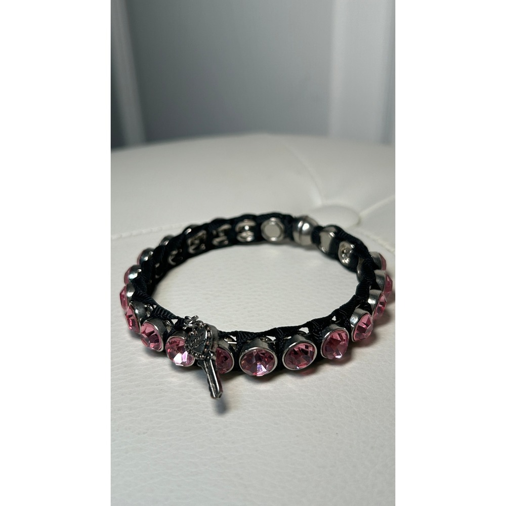 Betsey Johnson Bracelet Woven Ribbon Heart Key OS Pink Black Magnetic Crystal